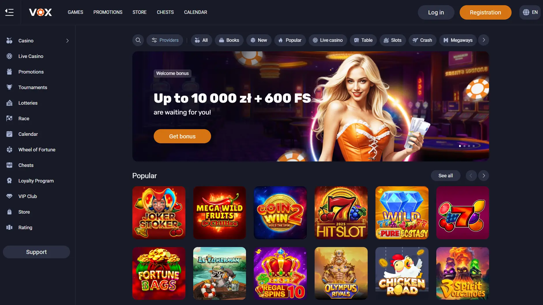 Vox Casino homepage with welcome bonus offer and popular slot machines